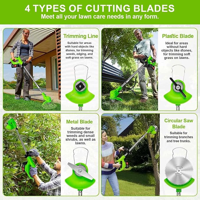 3-in-1 Cordless Grass String Trimmer, Brush Cutter & Edger Lawn Tool with 2X 24V 4.0Ah Li-ion Batteries, Telescopic Shaft and 17 Replacement Blades for Lawn Care, Garden & Yard Trimming (Green)