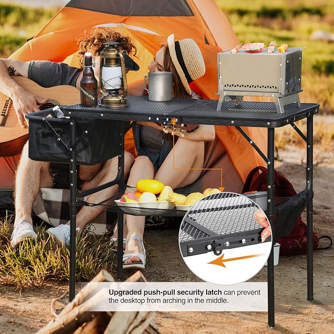 RedSwing Portable Grill Table with Sink for Outside, Aluminum Frame Folding Grill Stand Table for Outdoor Camping Picnic BBQ, Lightweight Adjustable Height, 36 x 20 x 31 Inches, Black