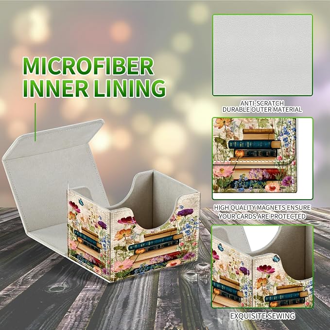 Card Deck Box for MTG, Cards Storage Box Fits 120+ Sleeved, Leather Small Size Strong Magnetic Closing Card Case for Board Games Magic TCG CCG Baseball Collection, Vintage Flower Books