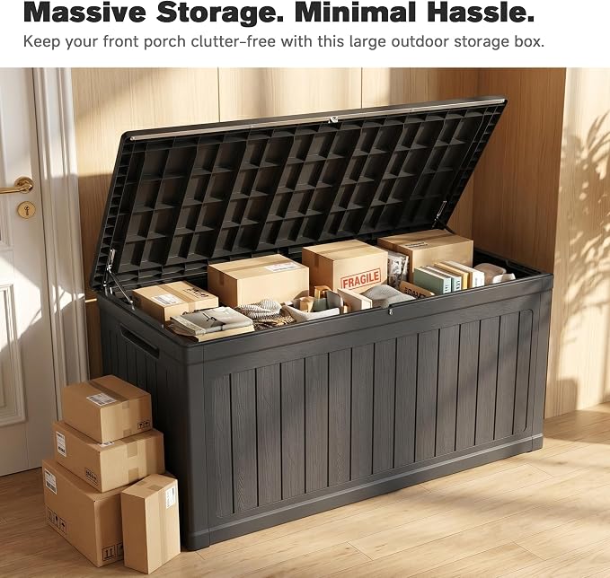 XXL Large Gallon Resin Deck Box, Waterproof Lockable Outdoor Storage Box, Black Organizer for Patio Furniture, Cushions, Garden Tools, Pool & Sports Equipment (260, Gallons)