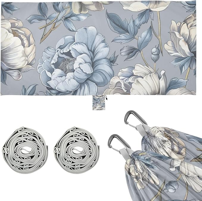 Vintage Blue and White Roses 330lb Capacity Outdoor Hammock with Portabl Carry Bag Portable Hammock for Patio Backyard Lounge Base hamaca con soporte para adultos