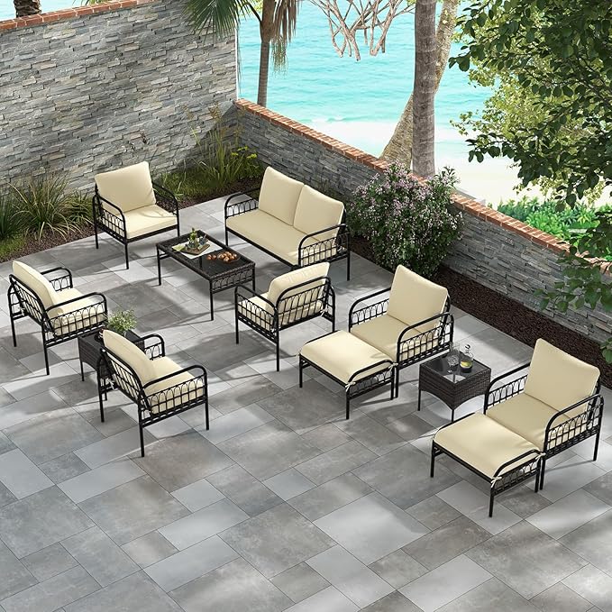 Tangkula 5 Piece Patio Conversation Set, Outdoor Wicker Chair Set w/Ottomans & Coffee Table, Comfy Seat & Back Cushions, Patio Wicker Woven Furniture Set for Backyard, Poolside (Beige)