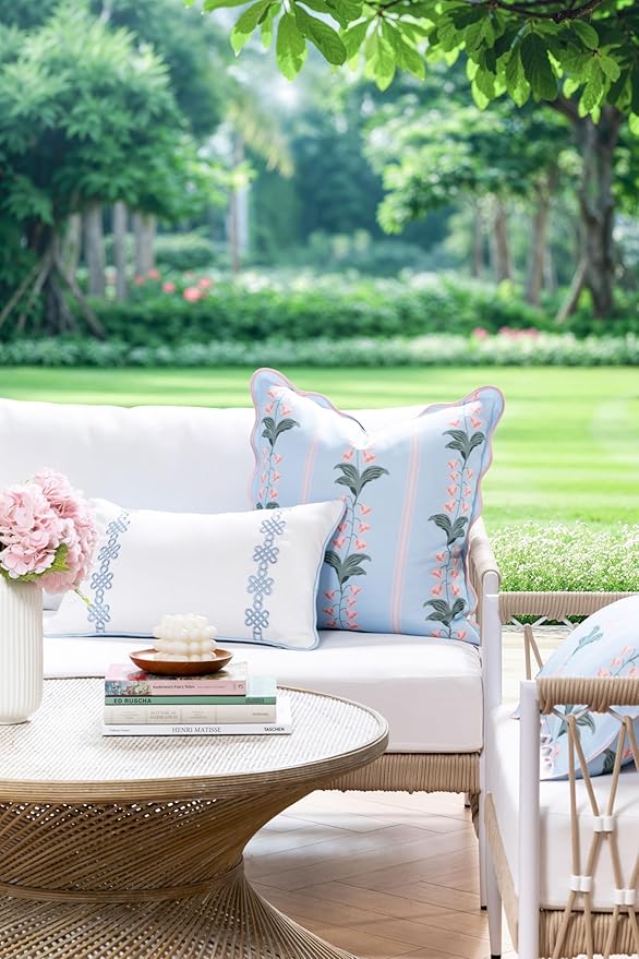 Hofdeco Premium Grandmillennial Patio Indoor Outdoor Lumbar Pillow Cover Only, 12"x20" Water Repellent for Backyard, Couch, Poolside, Baby Blue Embroidered Chinoise Lucky Knots