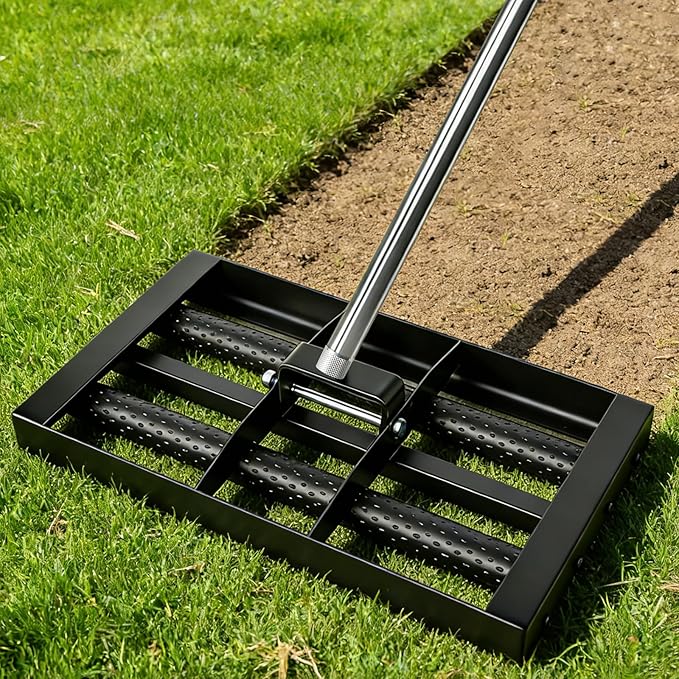 Lawn Leveling Rake 17"×10", Stainless Steel Lawn Leveler with 6.5ft Adjustable Handle, Effort-Saving with 2 Rollers, Yard Leveling Rake for Yard, Topsoil, Farm, Backyard, Black