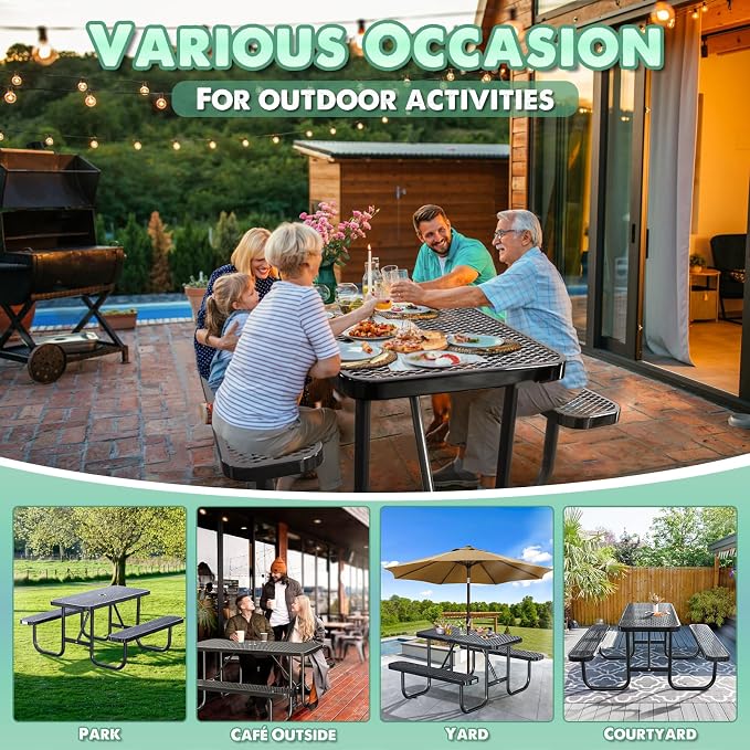 4FT/48IN Heavy Duty Outdoor Picnic Table and 2 Benches for 2-6 People, Weather Resistant Rectangular Steel Picnic Table Set with Umbrella Hole for Yard Patio Lawn Party Black