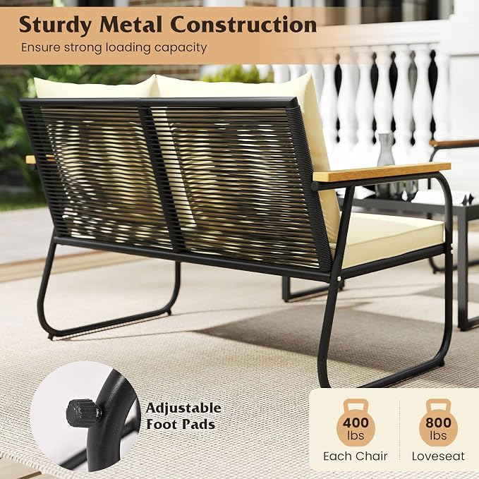 Tangkula 4 Pieces Wicker Patio Furniture Set, Outdoor Conversation Set with Tempered Glass Coffee Table, Rattan Cushioned Chairs with Acacia Wood Armrests for Garden, Yard and Poolside (Off White,2)
