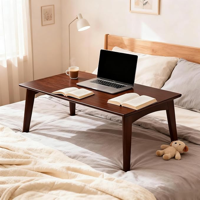JIKUGO Bamboo Folding Coffee Table No Assembly Required Japanese Floor Table for Bedroom Living Room, Walnut, 26 x 15.8 x 11.8 Inches