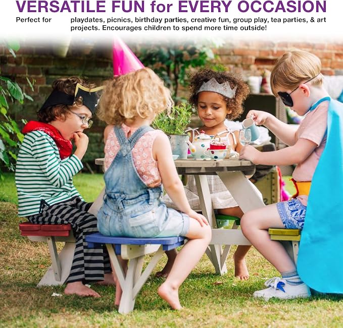 Plum® Kids Picnic Table - Wooden Toddler Table and Chairs Set, Outdoor Furniture for Patio, Garden, Backyard Dining & Activity, 4 Built-in Benches, Sturdy, Durable, Weatherproof, Ages 3+, Natural