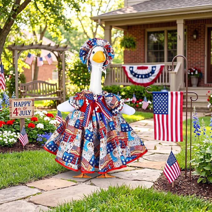 Abbylike 4th of July Porch Goose Outfit Patriotic American Flag Red Blue White Lawn Goose Clothes Fits 23 Inch Cement Statue Geese Costume for 250th Independence Day Outdoor Garden Yard Patio Decor