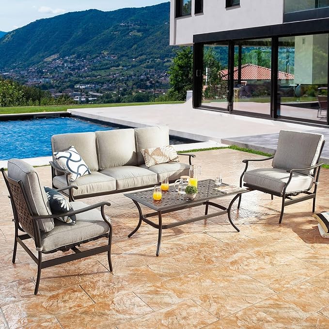 Patio Conversation Set Cushioned Metal Outdoor Furniture Sets with All Weather Galvanized Steel Frame (4Pcs,Grey)