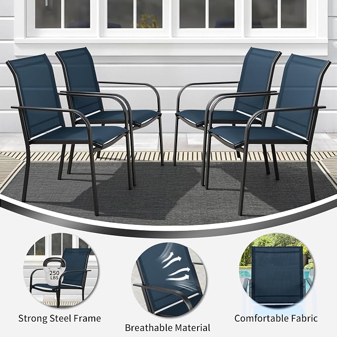 SUNCROWN 6 - Piece Outdoor Dining Set, Patio Furniture Set with 4 Textilene Dinning Chairs, 1 Steel Slat Metal Bistro Table and 1 Dark Blue 9Ft Patio Umbrella for Lawn Garden Backyard Deck, Dark Blue