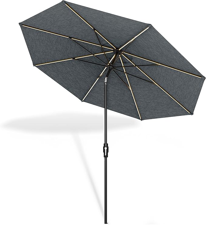 Midtown Umbrellas The LED Swilt 10 Feet Patio Umbrella With Sunbrella Cast Slate Acrylic Fabric - Auto-Tilt Aluminum Frame With LED Lights For Backyard, Deck, Garden, Pool - Black Pole
