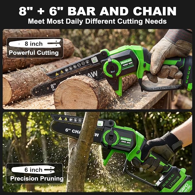 8-Inch Mini Chainsaw with 2Pcs Batteries&Charger, Brushless Cordless Chainsaws with Auto-Oiler, Electric Chain Saw Perfect Gardening Tools for Wood/Trees Pruning, Gifts for Men Women