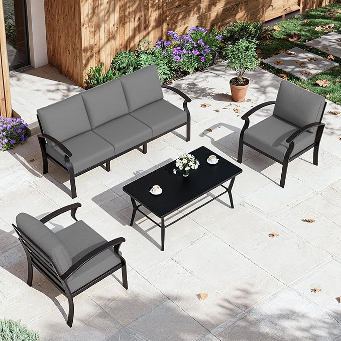 ALAULM Aluminum Patio Furniture Set with Coffee Table Rectangular，5-seat Outdoor Sectional Furniture w/Swivel Chairs，Patio Conversation Set for Porch, Backyard, Poolside-Grey