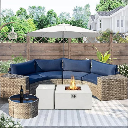 ECOTOUGE 9-Piece Half-Moon Curved Patio Furniture Set with Fire Pit Table, Wicker Rattan Sectional Sofa with Thick Cushions, Outdoor Conversation Set for Backyard Garden with Tank Cover(Blue, White)