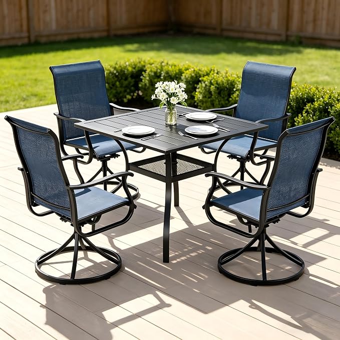 Crownland 5 Piece Patio Dining Set, 4 Swivel Metal Chairs and Square Outdoor Dining Table with 1.57" Umbrella Hole, Outdoor Furniture Dining Set for Lawn, Backyard, Garden(Blue)