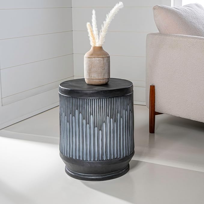 JONATHAN Y Kline Ribbed Resin Modern Outdoor Accent Table, 17.5" H All-Weather Washed Black Patio Drum Side Table and Garden Stool for Pool, Porch, and Living Room TBL1103C