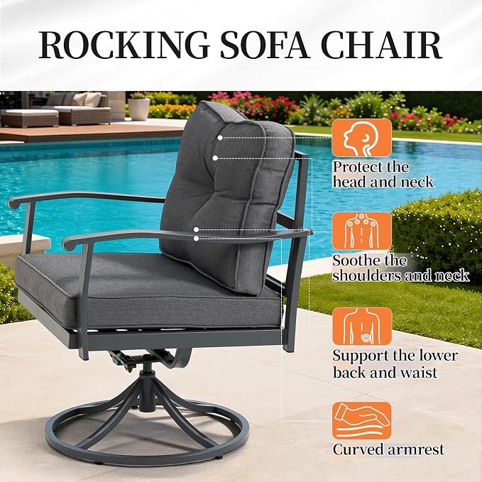 Patio Furniture Set, 5 Pieces Outdoor Patio Furniture Sets,Outdoor Metal Conversation Set Sofas with 2 Swivel Chairs,2 footstools,1 Side Table,Wrought Iron with Cushion