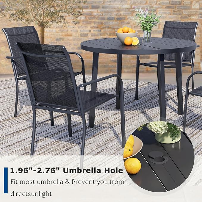 9 Pieces Patio Dining Set for 8, Black Patio Stackable Chairs and Black Round Table Set of 8, Outdoor Furniture Set with Sling Support for Outside, Garden