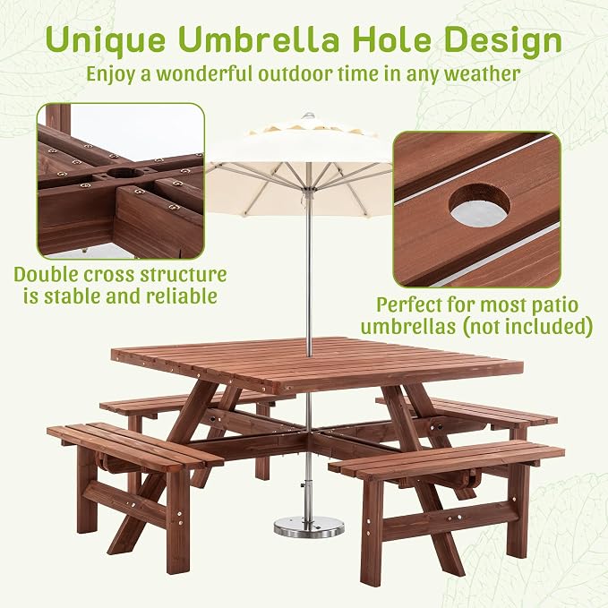 8 Person Square Picnic Table, Outdoor Picnic Table with 4 Built in Benches, Umbrella Hole, Outside Wood Dining Table Set for Patio, Backyard, Garden, Porch, 2220lb Capacity - Brown