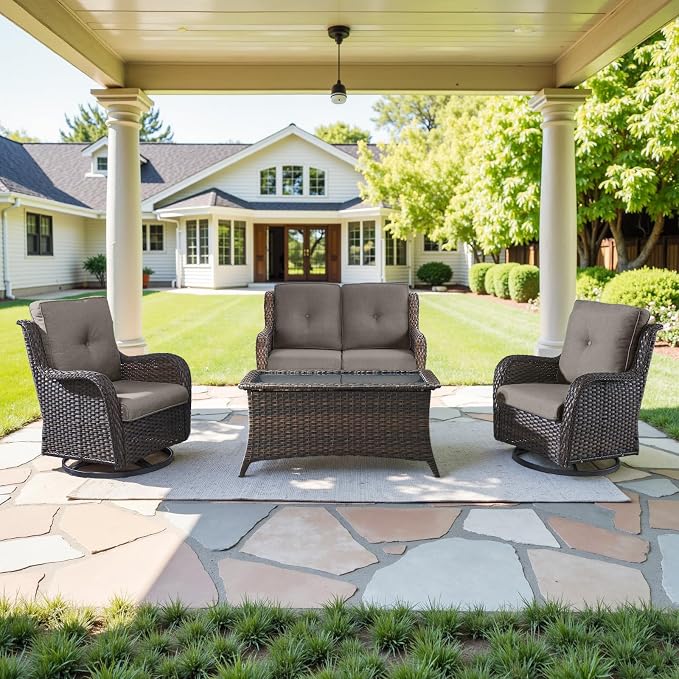 Belord 4 Piece Patio Wicker Furniture Set, Outdoor Swivel Rocker Chairs, All Weather Outdoor Patio Loveseat with Cushion and Coffee Table for Deck Porch, Brown Wicker/Gray