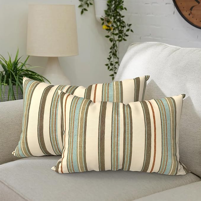 DYTXIII Pack of 2 Waterproof Outdoor Lumbar Pillow with Inserts, 12x20 in Rectangle Decorative Patio Throw Pillow for Home, Sofa,Bench and Patio Furniture, Stripe Onyx