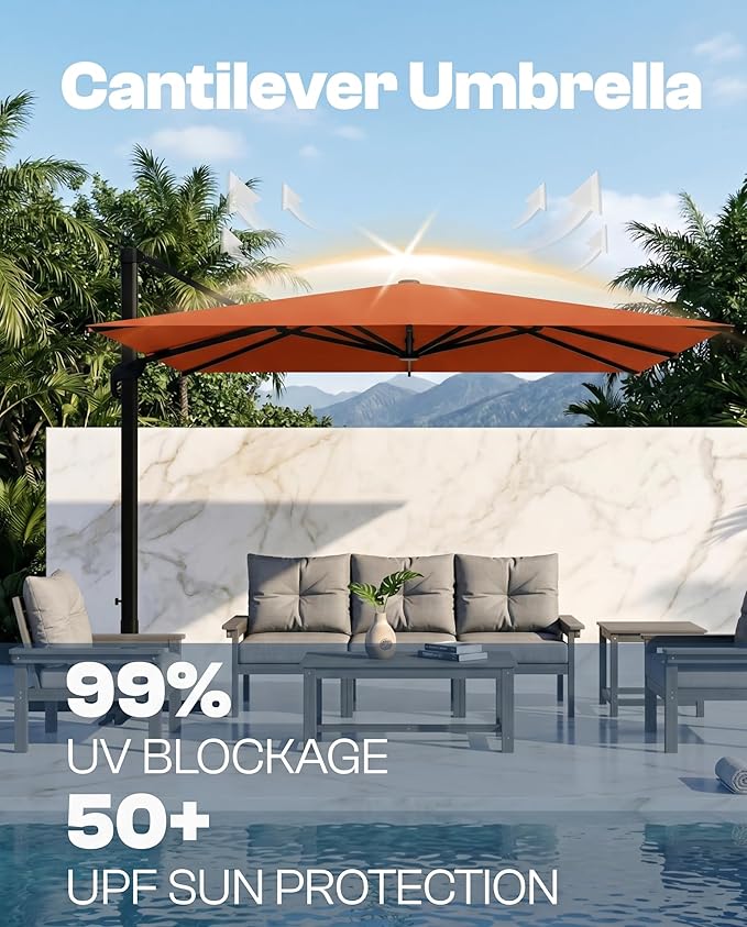 8' X 8' Patio Umbrella, Cantilever Umbrella with 360°Rotation, Offset Patio Umbrella with Easy Tilt & Fade Resistance for Pool Deck Garden Backyard, Orange (Base not Included)
