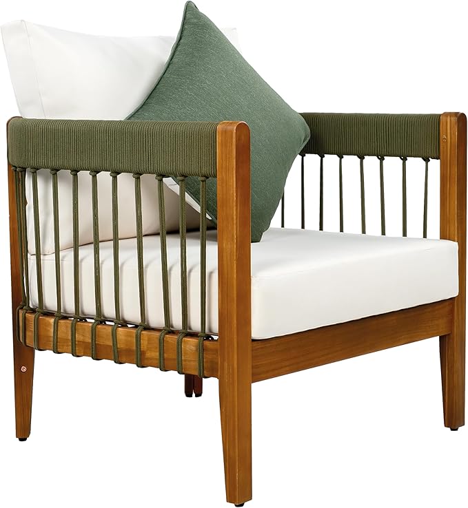 Christopher Knight Home Nadine 3 Pieces Patio Conversation Set, Handwoven Rope Accent Chairs, Acacia Wood Side Table, Tub Shaped Club Chairs, Round Side Table and Chair Set for Yard, Green+Beige