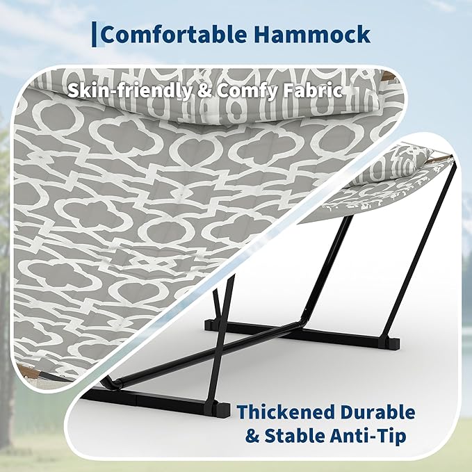 Double Hammocks with Stand for Outside, Heavy Duty Portable Outdoor Hammock with Carrying Bag & Soft Pillow & Paded, 450 LBS Weight Capacity, Perfect for Outdoor Indoor Patio Backyard Garden