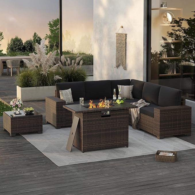 Soohow 7-Piece Patio Furniture Set with 44" Fire Pit Table, Outdoor Sectional Wicker Rattan Conversation Set for Garden, Porch, Backyard - Black Cushions