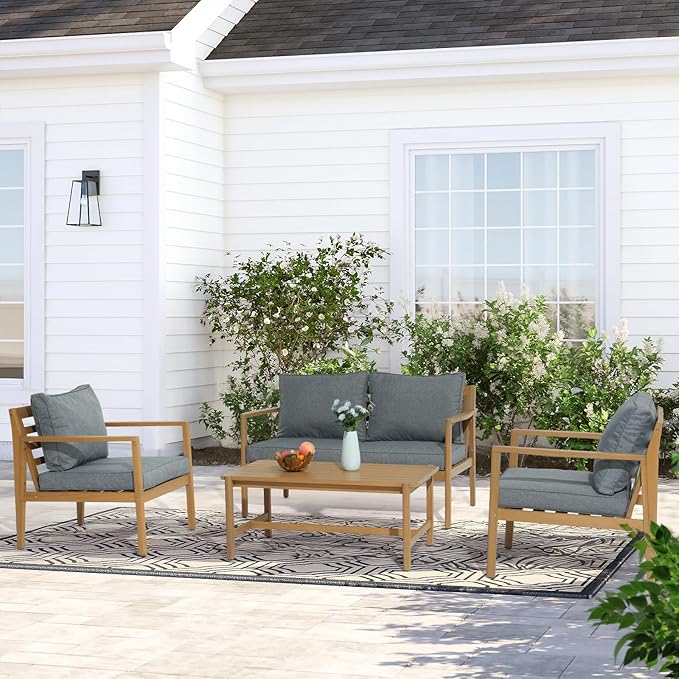 SUNSITT 4 Piece Acacia Wood Patio Furniture Set, Outdoor Conversation Sofa Set with Coffee Table & Cushions for Garden, Backyard, Dark Grey