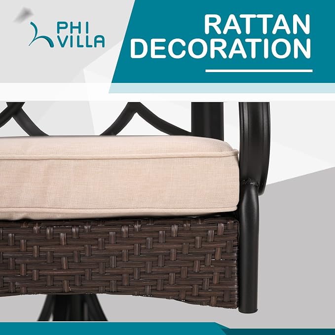 PHI VILLA Swivel Patio Dining Chairs Wicker Chairs Set of 2 with Cushions | Heavy Duty Outdoor Metal Wicker Dining Chair with Padded Cushions, Large All Weather Wrought Iron Patio Chair for Balcony