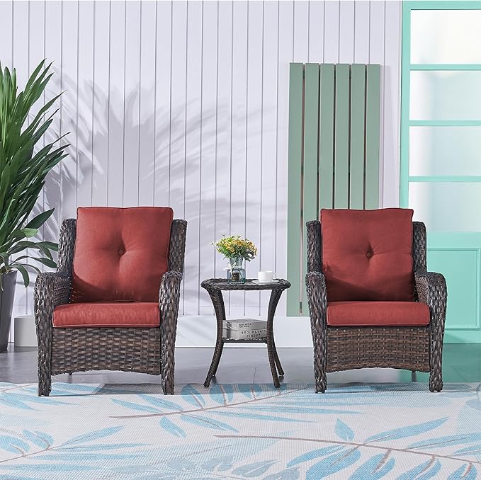 Rilyson Patio Furniture Chairs Outdoor Chair - 2 Piece Wicker Rattan Chairs Set with High Back and Deep Seating for Deck Porch Balcony Backyard Garden(Brown/Red)