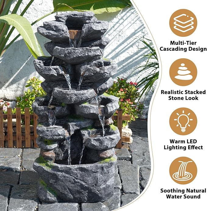 YZM 39.37" H 7-Tiers Cascading Rock Water Fountain Waterfall Fountain with LED Lights Outdoor Fountains and Waterfalls for Garden or Patio, Yard, and Deck Decor with Natural Stone Look