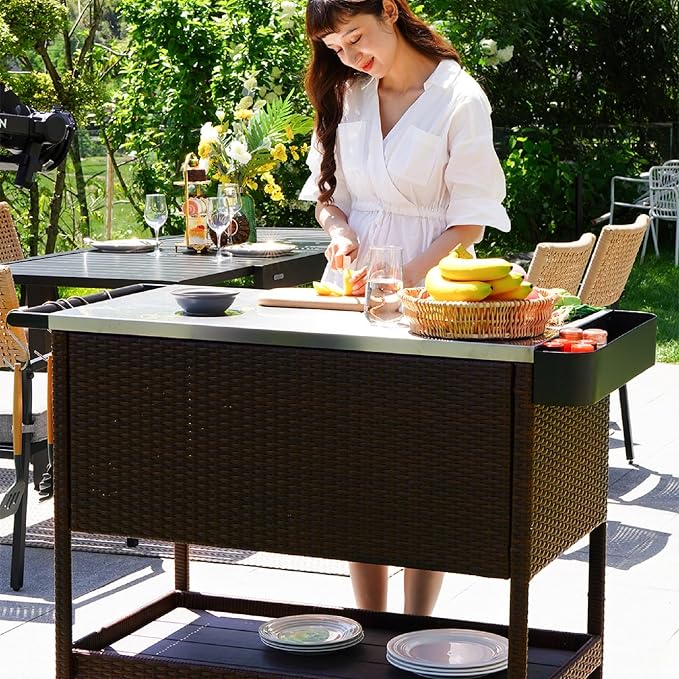 Grand patio Outdoor Bar Cart, Patio Storage Cabinet with Stainless Steel Top & Lockable Wheels, Kitchen Island Table Grill Cart for Outside Backyard Garden, Brown