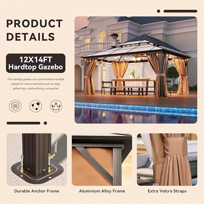 Aoxun 12'x14' Hardtop Gazebo, Outdoor Metal Gazebo with Double Polycarbonate Roof Canopy, Permanent Pavilion with Netting and Curtains for Lawn, Garden, Patio