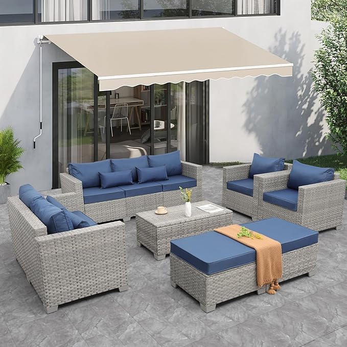 WAROOM Patio Furniture Set 7 Piece Grey Wicker Outdoor Conversation Sets PE Rattan Sectional Sofa with Storage Coffee Table and Anti-Slip Navy Blue Cushion