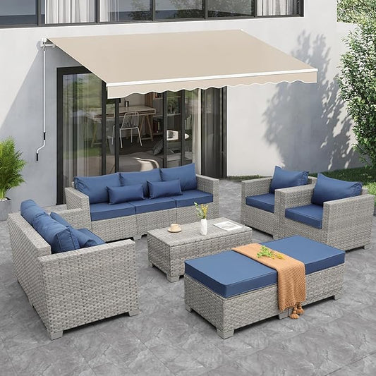 WAROOM Patio Furniture Set 7 Piece Grey Wicker Outdoor Conversation Sets PE Rattan Sectional Sofa with Storage Coffee Table and Anti-Slip Navy Blue Cushion