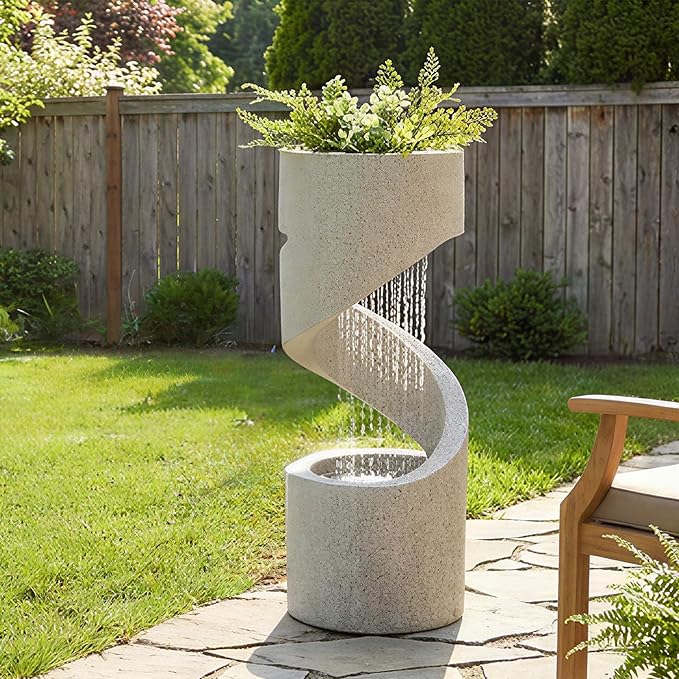 Glitzhome Outdoor Water Fountain, 40.25" H Modern Faux Terrazzo Spiral Shaped Outdoor Fountain with Pump and LED Lights, Polyresin Waterfall Fountain Water Feature for Garden, Patio, Porch Decor