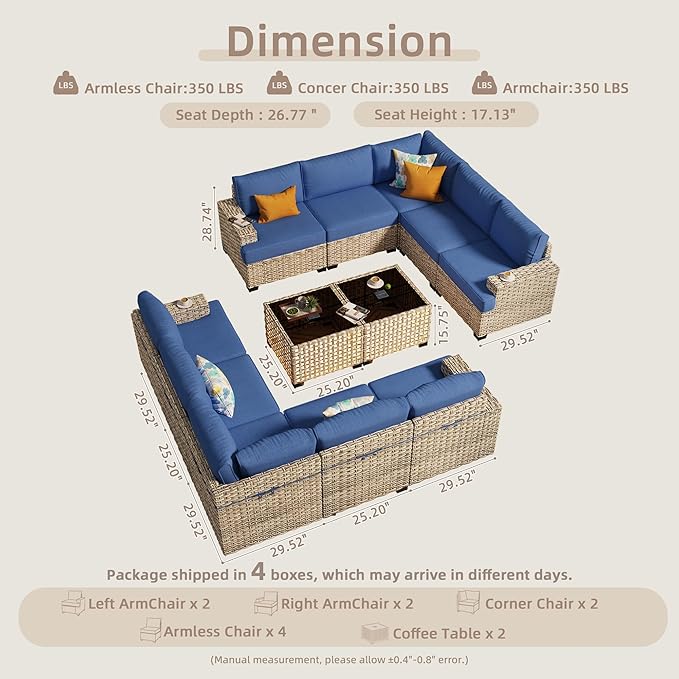 Patio Furniture Sets 12 Pieces Outdoor Sectional Rattan Sofa Manual Weaving Wicker Patio Conversation Set with Ottomans and T Cushion(Blue)