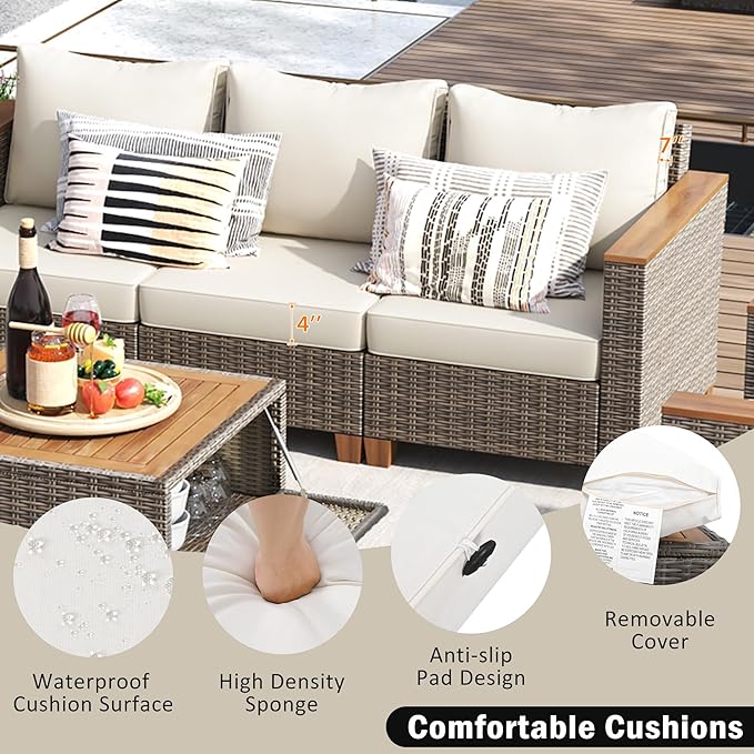 Outdoor Patio Sectional Furniture Set, 8-Piece Wicker Rattan Sofa Set with Thick Cushion, Patio Swivel Rocking Chairs Set of 2 with Acacia Storage Table, Conversation Set for Backyard (Beige+Brown/36)