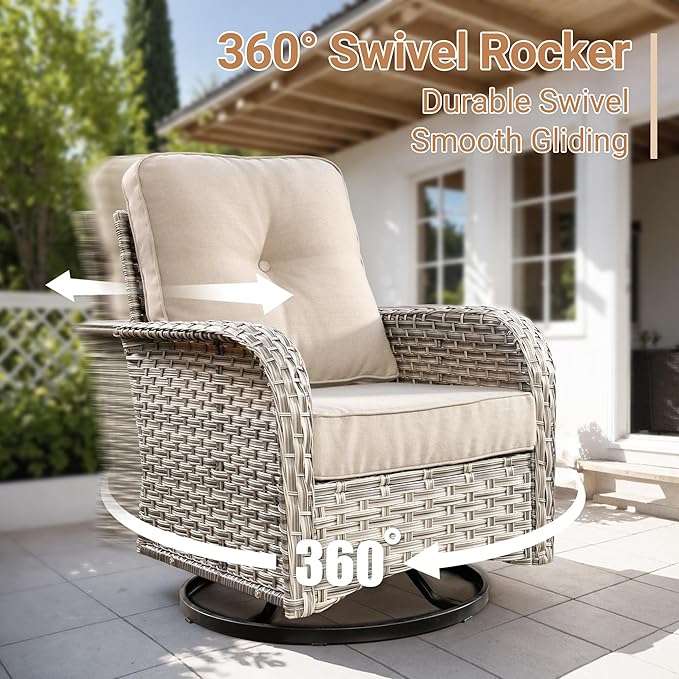 HOOOWOOO Patio Furniture Set,5 Pieces Wicker Outdoor Furniture,High Back Conversation Set with All Weather Resistant Swivel Chairs with Ottoman Side Table,Beige Tan