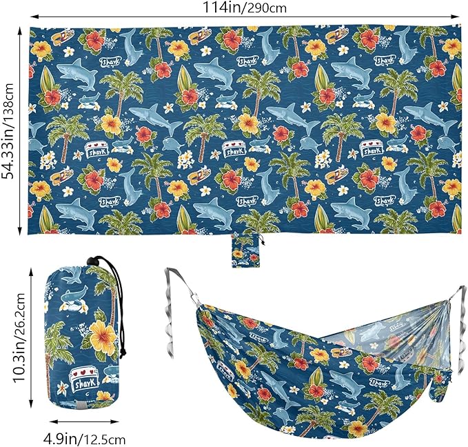 Camping Hammock Outdoor Hammocks for Outside Flower Shark Ocean Beach Trees Portable Lightweight with Pockets Tree Straps Indoor