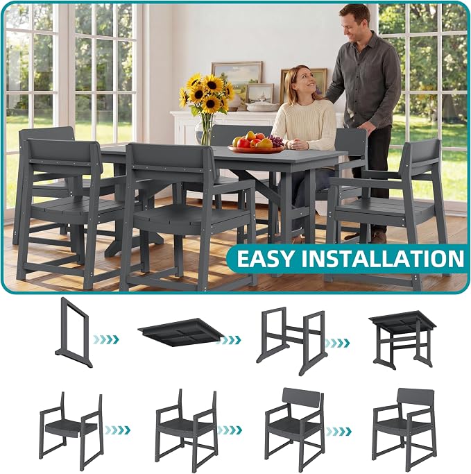 JAMFLY 7 Piece Outdoor Dining Set, All Weather Patio Table and Chairs for Backyard Garden Deck Lawn Pool, Sturdy All Weather Outdoor Furniture Set with Umbrella Hole, Grey