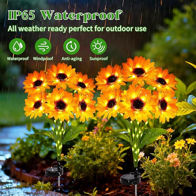 Solar Sunflower Lights Outdoor Garden Decor, 2 Pack with 12 Sunflowers,8 Lighting Modes, Birthday Gifts for Mom Women, Outdoor Decorative Stakes Light for Landscape Yard Patio Lawn