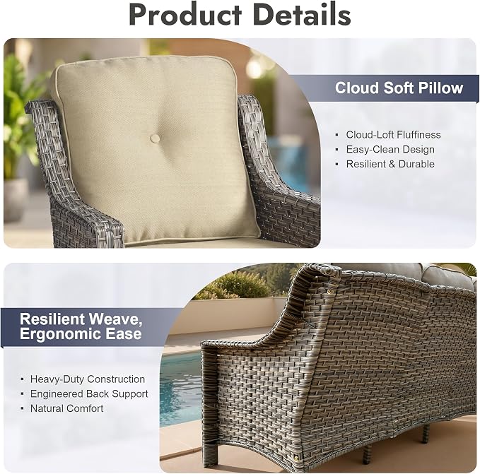 6 PCS Patio Furniture Set, Deep Seat High Back Outdoor Conversation Set with Ottomans, Wicker Outside Furniture with Solar Light Coffee Table for Porch Backyard Balcony, Sunroom, Beige