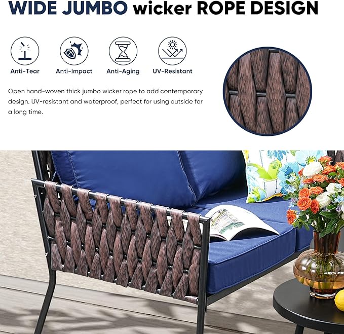 5 Pieces Patio Furniture Set,Outdoor Conversation Set with 2 Round Side Tables,Modern Metal Outdoor Couch with Waterproof Cushions for Backyard,Porch,Navy