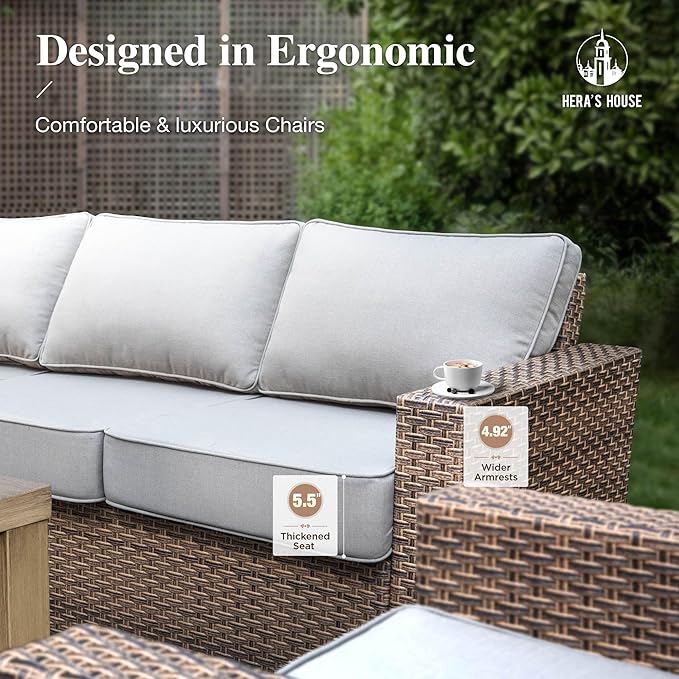 HERA'S HOUSE Swivel Glide Patio Furniture Conversation Set, Outdoor Wicker Chairs with 4.92" Widened Armrest, 6 Pieces Deep Seating Rattan Sofa with 5.5" Gray Cushions for Deck Garden Yard