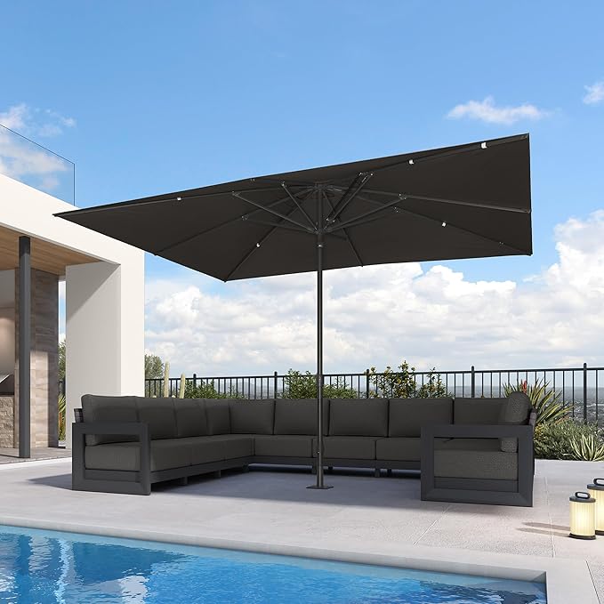 PURPLE LEAF 12' x 9' Rectangular Semi-Auto Outdoor Patio Umbrella Aluminium Market Umbrella Table Sun Umbrella with 1.89" Rod and 8 Sturdy Ribs for Deck Lawn Pool Garden, Gray
