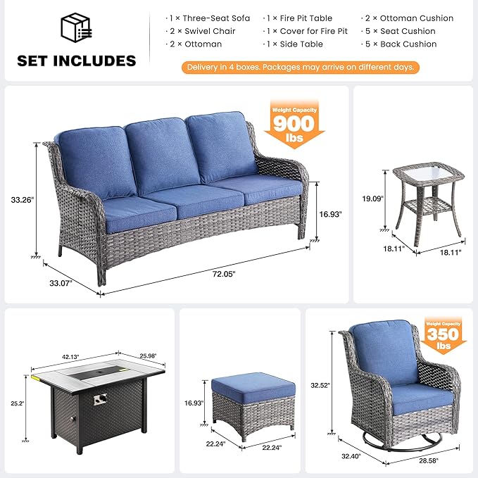 ovios 7-Piece Patio Furniture Set with Swivel Chairs Coffee Table, Outdoor Wicker Sofa with 42" Fire Pit Table, High Back Couch Modern Conversation Sets, Grey/Denim Blue